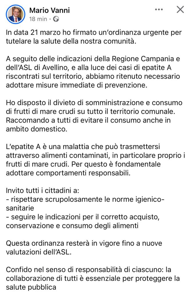 Altavilla Irpina, ordinanza urgente del sindaco: stop ai frutti di mare crudi per casi di epatite A Altavilla Irpina, ordinanza urgente del sindaco: stop ai frutti di mare crudi per casi di epatite A