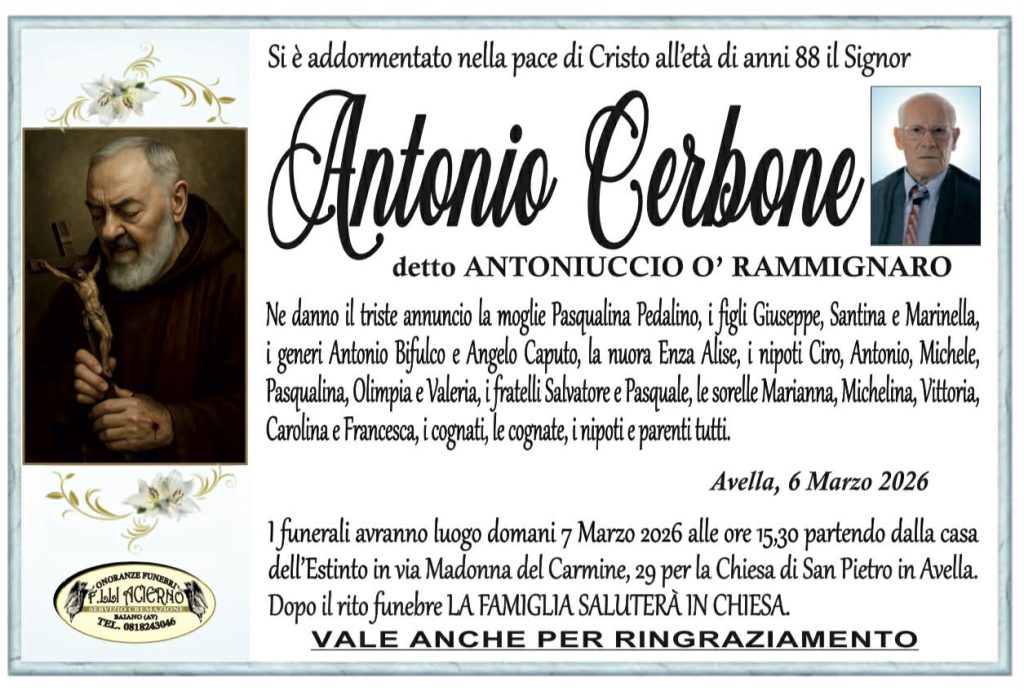 Avella in lutto per la scomparsa di Antonio Cerbone