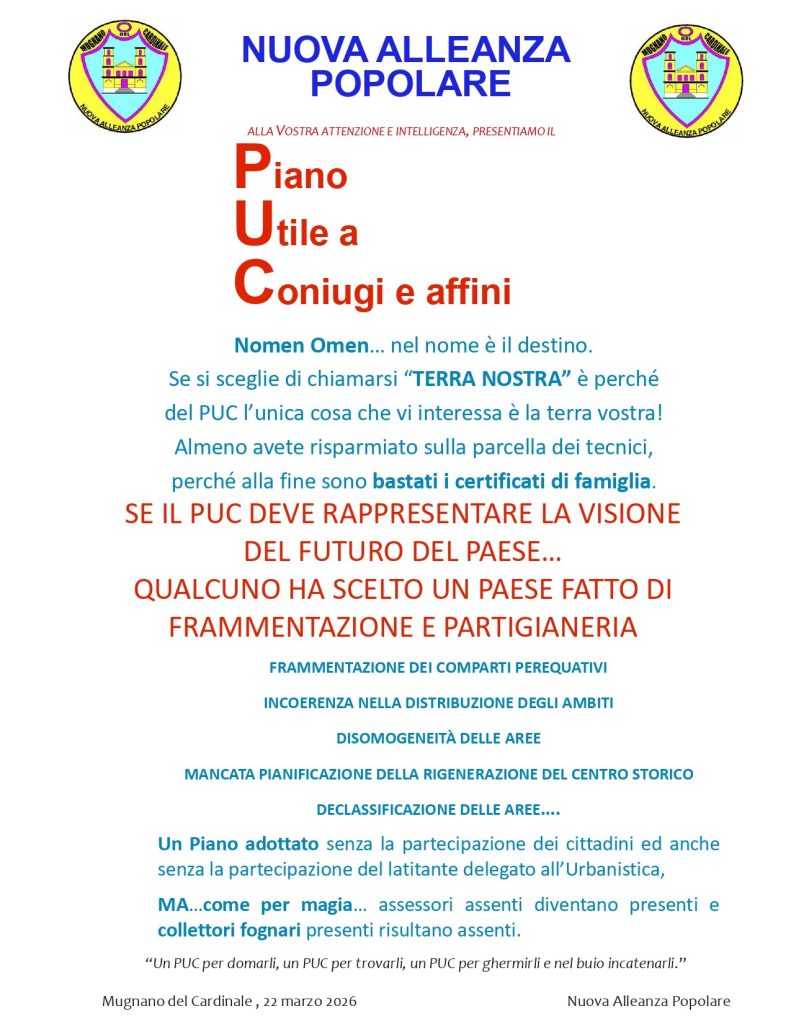 Mugnano del Cardinale, l’opposizione attacca sul PUC: “Un piano frammentato e senza visione”