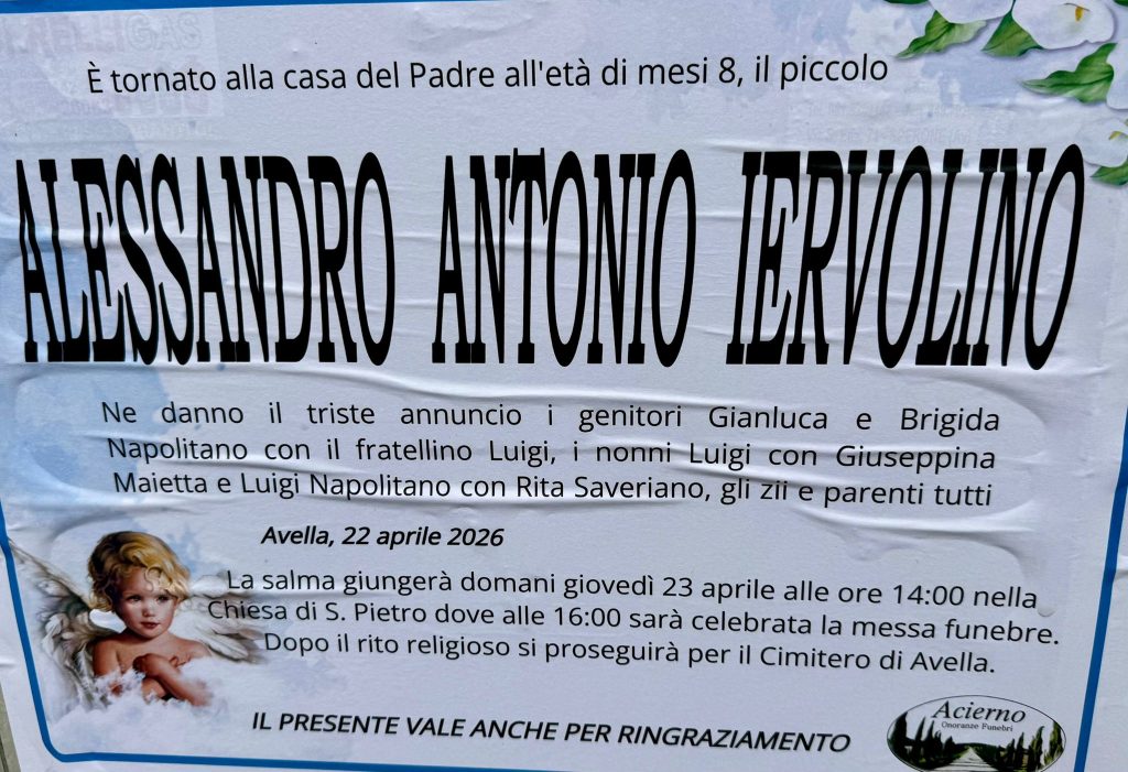 Avella – Mugnano del Cardinale in lutto per la scomparsa del piccolo Alessandro Antonio Iervolino