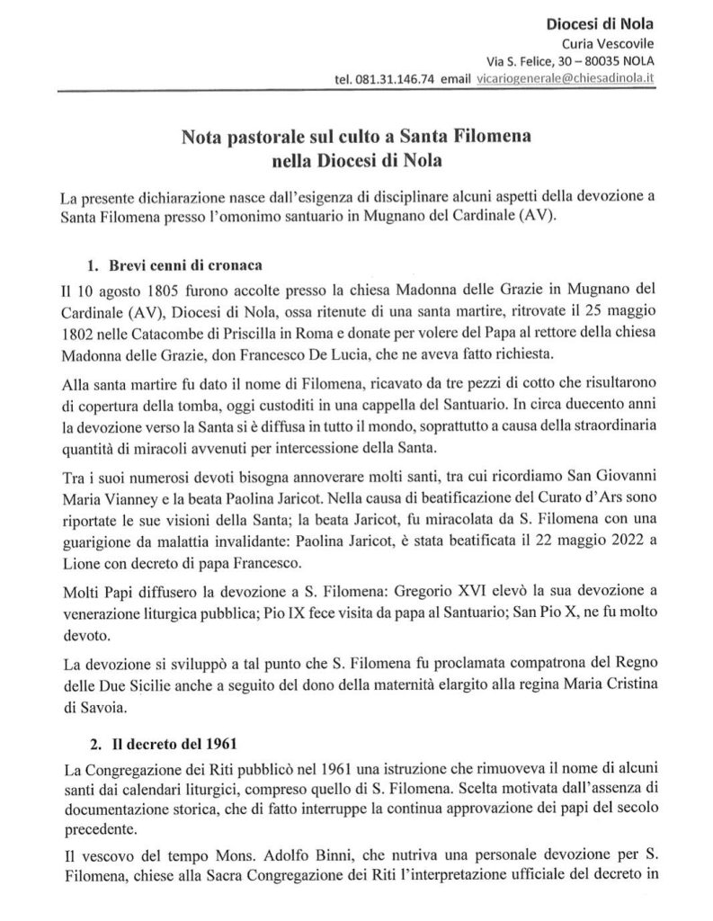 Mugnano del Cardinale, la Diocesi di Nola chiarisce riguardo il culto di Santa Filomena: “Devozione autentica e comunione ecclesiale”