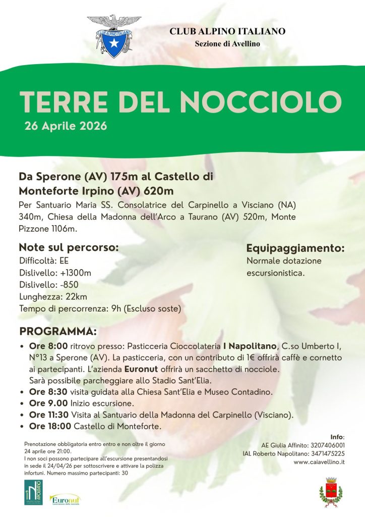 “Terre del Nocciolo”: escursione tra natura e tradizione il 26 aprile tra Sperone e Monteforte Irpino