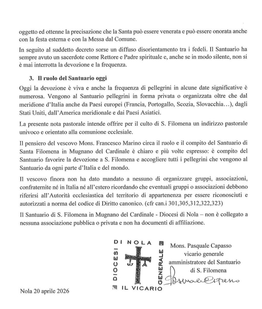 Mugnano del Cardinale, la Diocesi di Nola chiarisce riguardo il culto di Santa Filomena: “Devozione autentica e comunione ecclesiale”