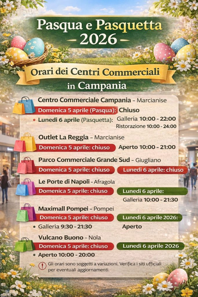 Pasqua e Pasquetta 2026: orari dei centri commerciali in Campania Pasqua e Pasquetta 2026: orari dei centri commerciali in Campania