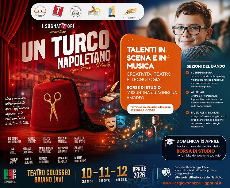 Baiano, un weekend tra teatro e giovani talenti: I Sognattori in scena con “Un Turco Napoletano” e domenica la proclamazione della borsa di studio Baiano, un weekend tra teatro e giovani talenti: I Sognattori in scena con “Un Turco Napoletano” e domenica la proclamazione della borsa di studio