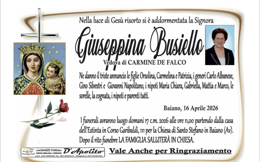 NON E’ PIÙ. Baiano in lutto per la scomparsa di Giuseppina Busiello