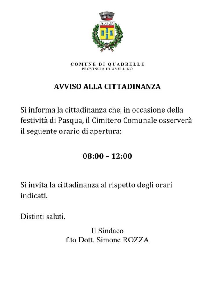 Quadrelle, a Pasqua cimitero aperto dalle 08:00 alle 12:00