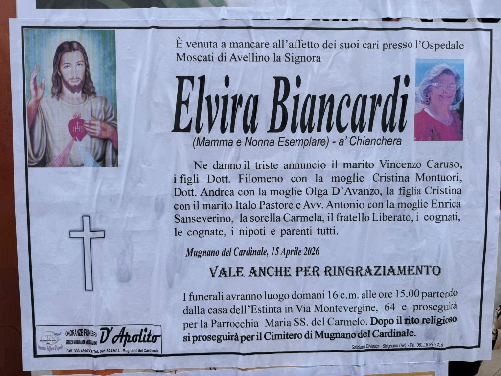 NON E PIU. Mugnano del Cardinale, è scomparsa la signora Elvira Biancardi