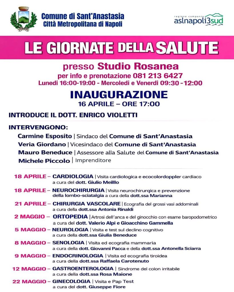 Sant’Anastasia, al via “Le Giornate della Salute”: visite specialistiche per i cittadini Sant’Anastasia, al via “Le Giornate della Salute”: visite specialistiche per i cittadini