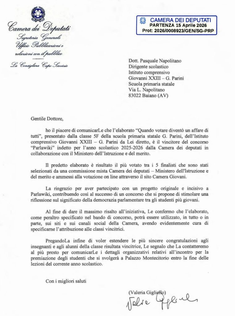 BAIANO. l’IC “Giovanni XXIII – G. Parini” primo a livello nazionale nel concorso “Parlawiki” della Camera dei Deputati BAIANO. l’IC “Giovanni XXIII – G. Parini” primo a livello nazionale nel concorso “Parlawiki” della Camera dei Deputati