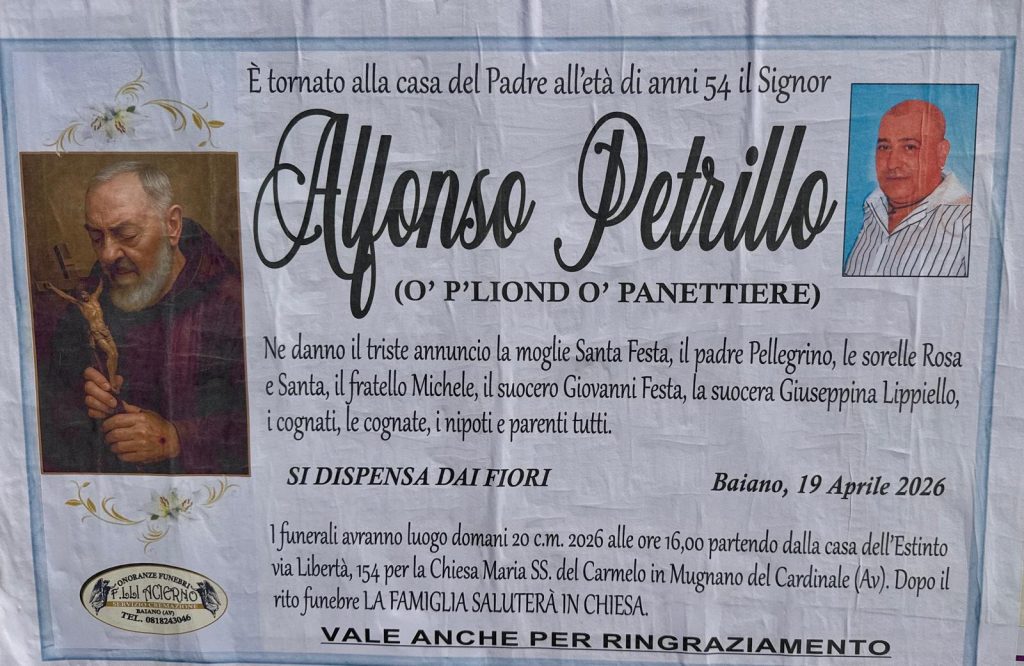 Non è più. Mugnano del Cardinale in lutto per la scomparsa di Alfonso Petrillo