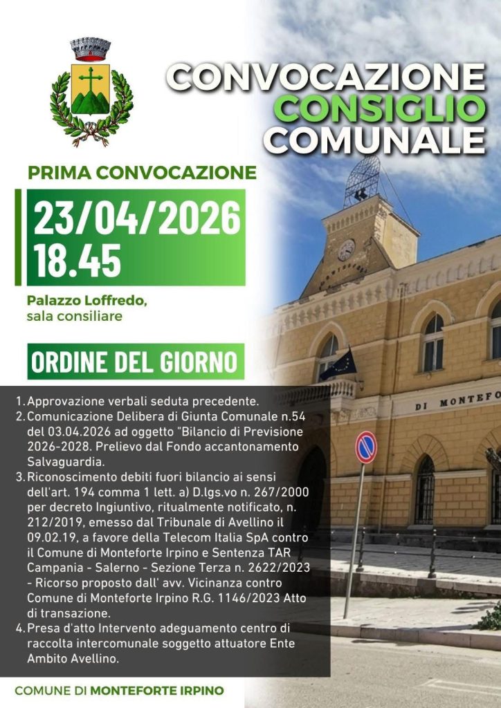 Monteforte Irpino, convocato il Consiglio Comunale: seduta il 23 aprile a Palazzo Loffredo