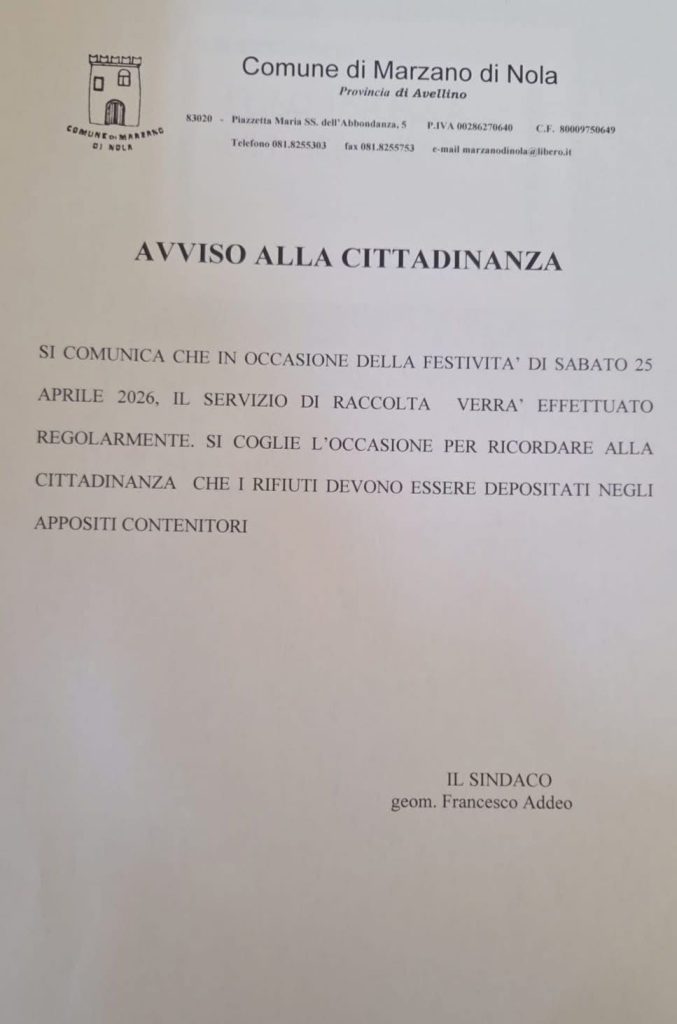 Marzano di Nola, raccolta rifiuti regolare il 25 aprile