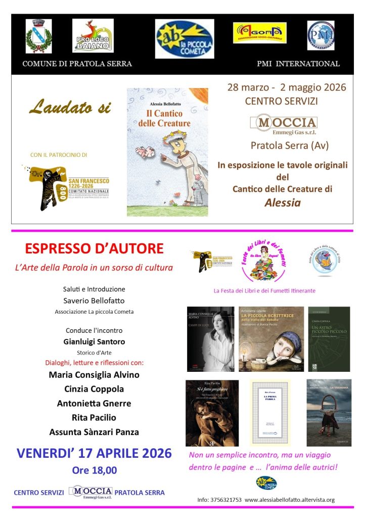La Festa dei Libri e dei Fumetti itinerante fa tappa al Centro Servizi Moccia  di Pratola Serra con un Cenacolo artistico animato dallo storico d’arte  Gianluigi Santoro venerdì 17 aprile 2026 ore 18,00