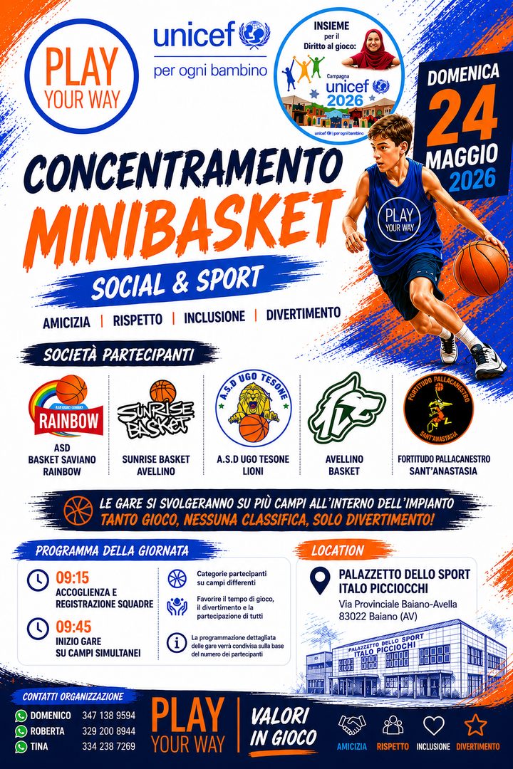 Baiano, il minibasket celebra sport e inclusione: domenica 24 maggio il grande evento finale al Palazzetto dello Sport Baiano, il minibasket celebra sport e inclusione: domenica 24 maggio il grande evento finale al Palazzetto dello Sport