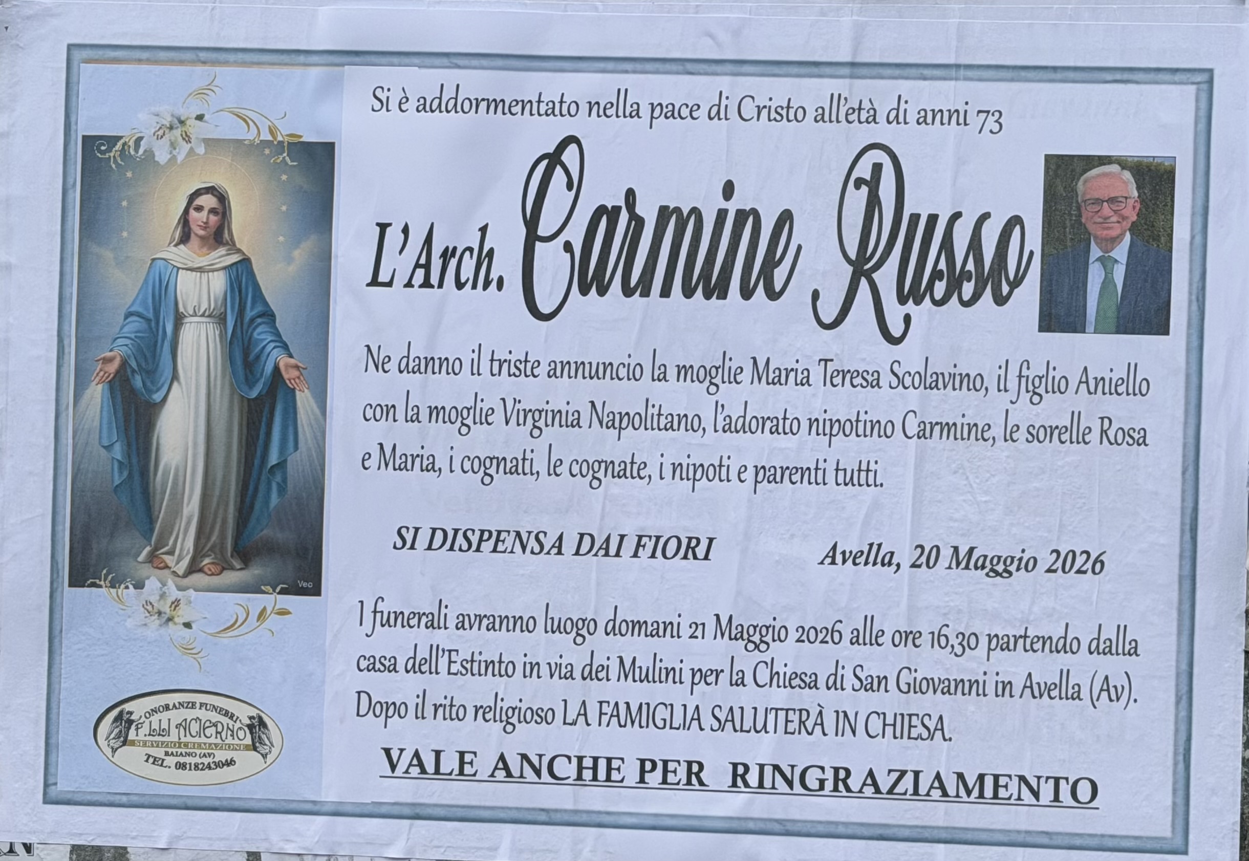 Avella piange l’architetto Carmine Russo: professionista, politico e uomo del sociale Avella piange l’architetto Carmine Russo: professionista, politico e uomo del sociale
