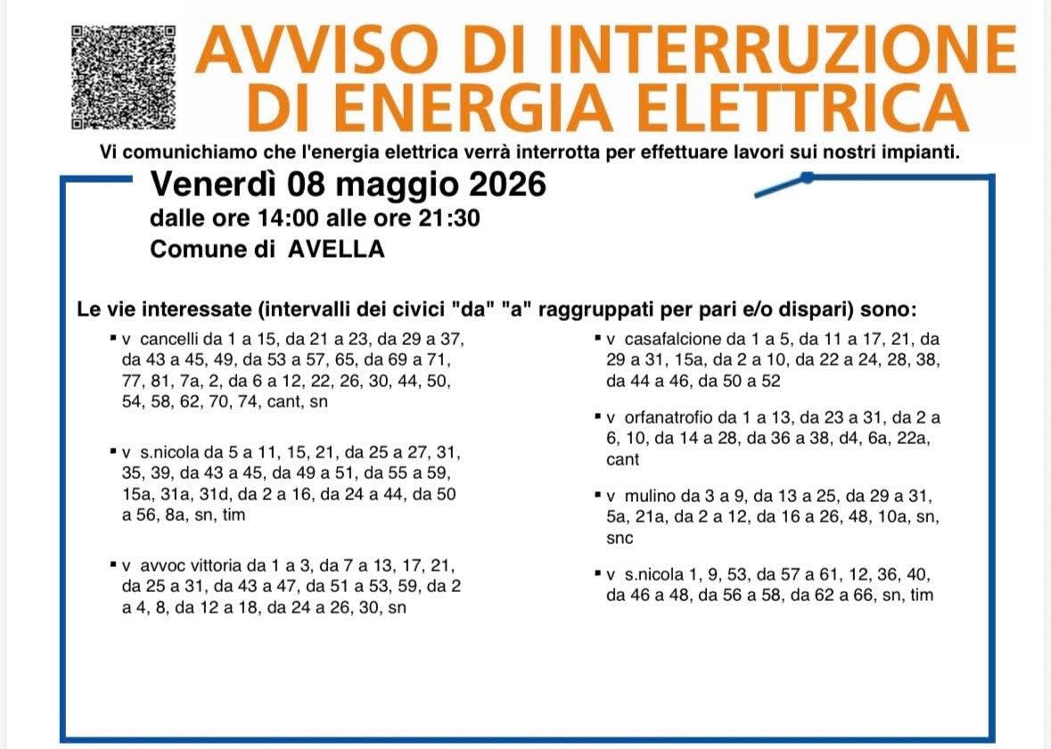 Avella, domani sospensione dell’energia elettrica in diverse zone del paese Avella, domani sospensione dell’energia elettrica in diverse zone del paese