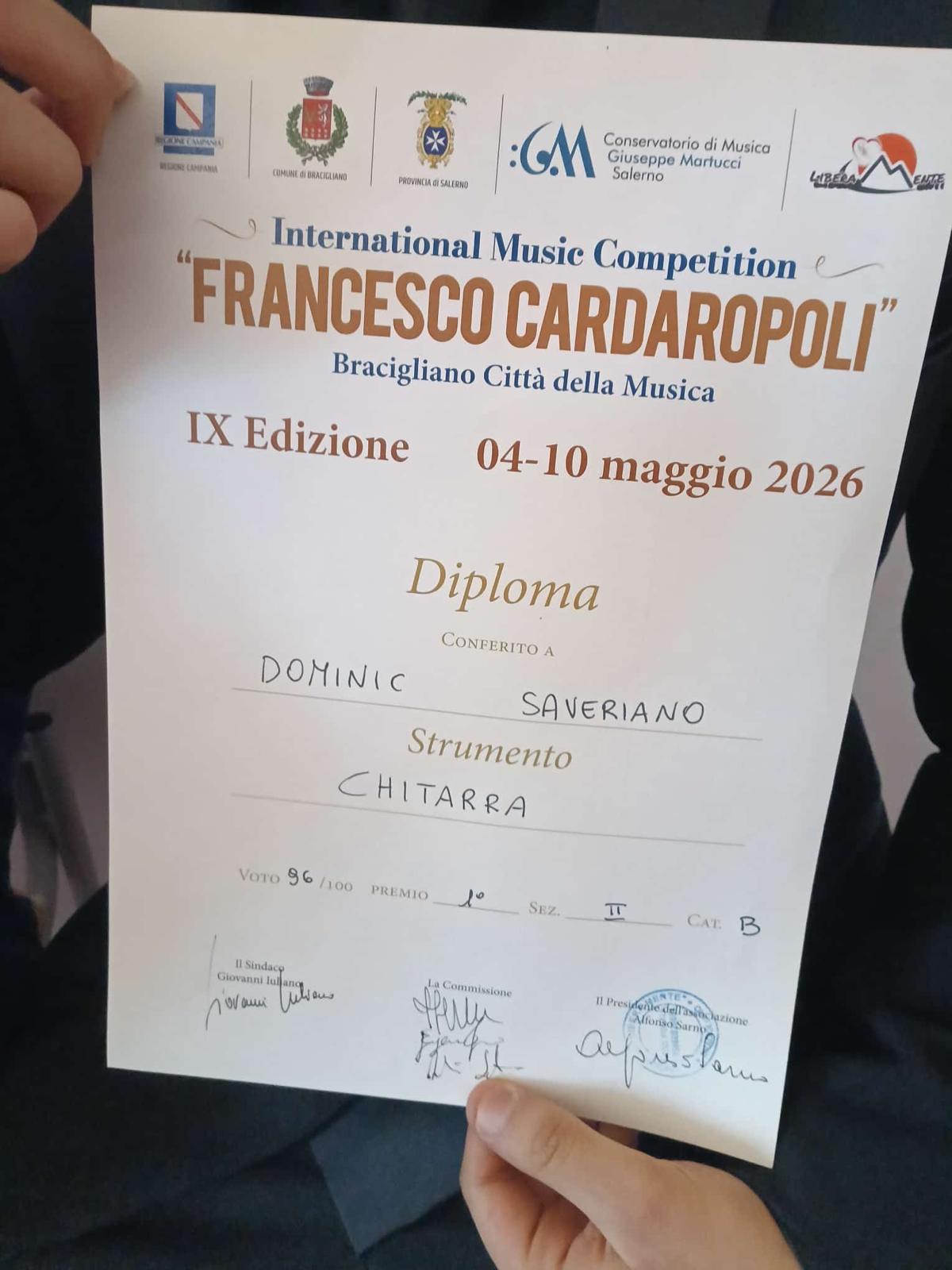 Mugnano del Cardinale, successo per Dominic Saveriano al concorso internazionale di Bracigliano Mugnano del Cardinale, successo per Dominic Saveriano al concorso internazionale di Bracigliano