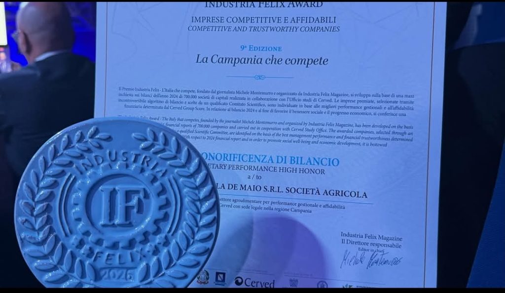 Forino (Av) : L Azienda Agricola De Maio sul podio italiano grazie al riconoscimento del prestigioso,  Premio Industria Felix