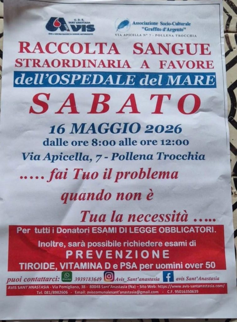 Pollena Trocchia, raccolta sangue straordinaria a favore dell’Ospedale del Mare
