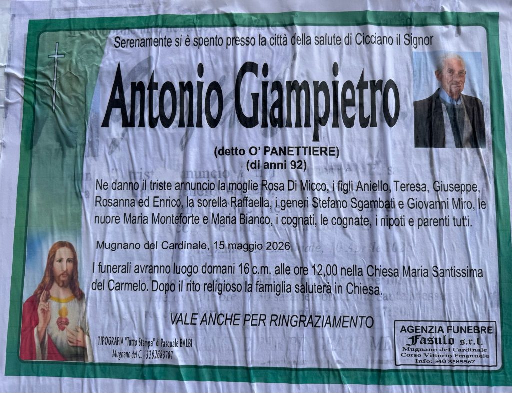 NON E PIU. Mugnano del Cardinale, lutto Antonio Giampietro