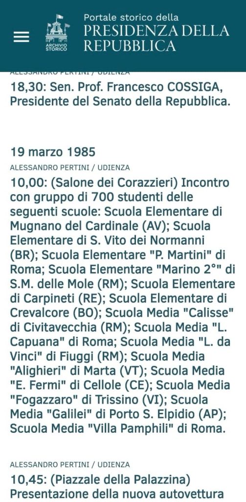 Mugnano del Cardinale, nel 1985 gli alunni delle quinte elementari ricevuti al Quirinale dal Presidente Sandro Pertini