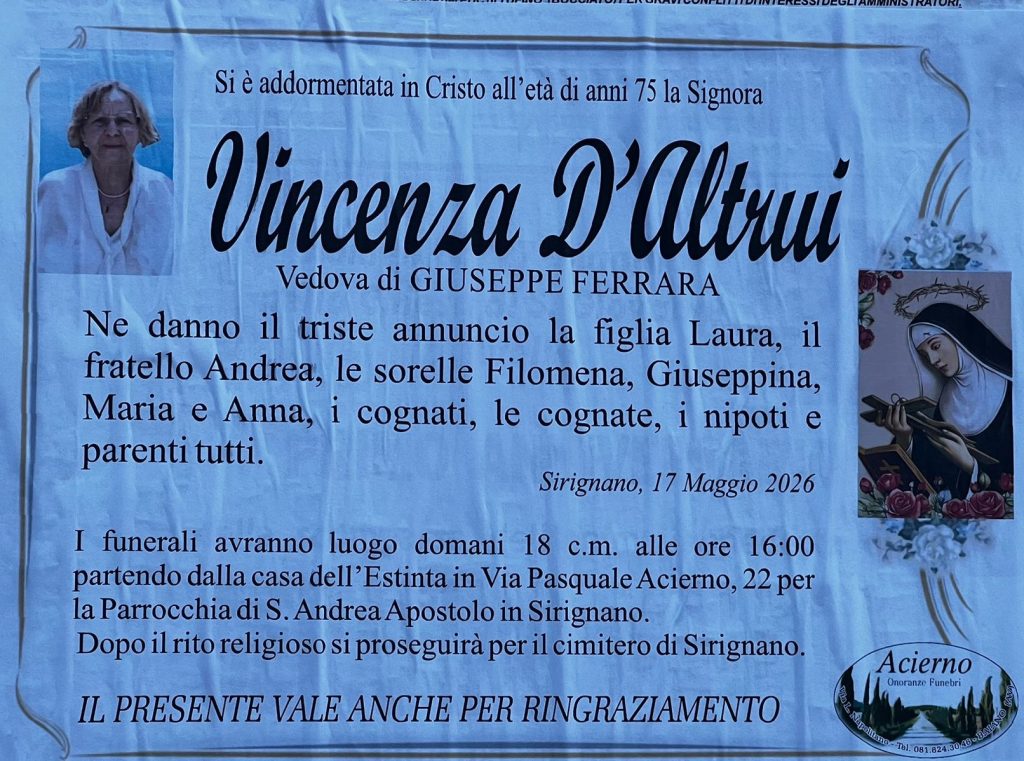 NON E PIU. Sirignano in lutto per la scomparsa di Vincenza D’Ultrui NON E PIU. Sirignano in lutto per la scomparsa di Vincenza D’Ultrui