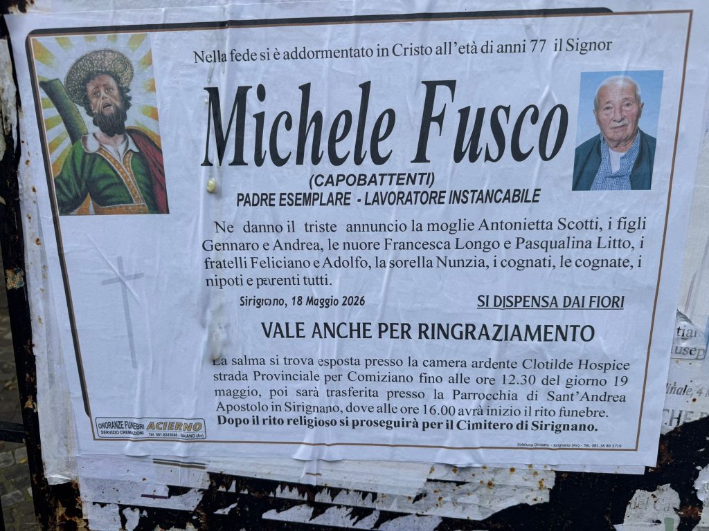 Sirignano in lutto per la scomparsa di Michele Fusco, conosciuto da tutti come “Capobattenti” Sirignano in lutto per la scomparsa di Michele Fusco, conosciuto da tutti come “Capobattenti”