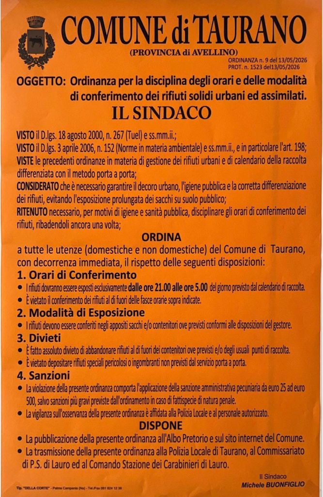 Taurano, nuova ordinanza sui rifiuti: fissati orari e regole per il conferimento Taurano, nuova ordinanza sui rifiuti: fissati orari e regole per il conferimento