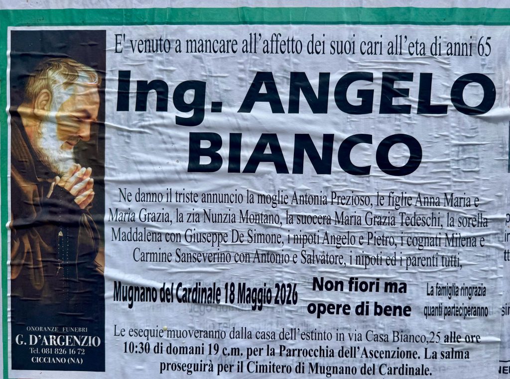 Mugnano del Cardinale in lutto per la scomparsa dell’ingegnere Angelo Bianco Mugnano del Cardinale in lutto per la scomparsa dell’ingegnere Angelo Bianco