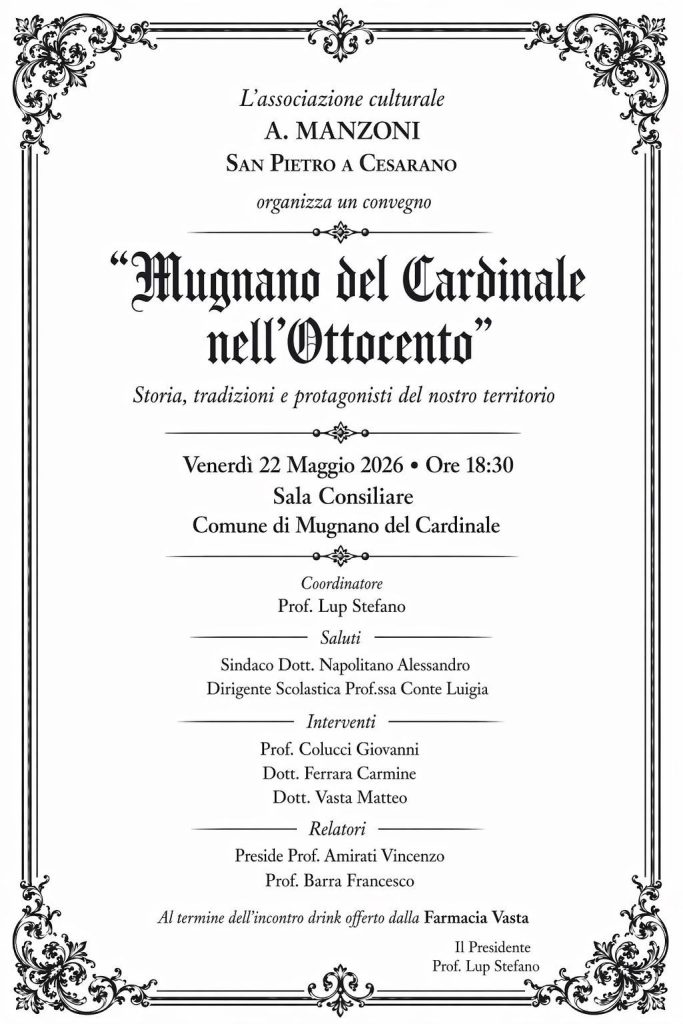 Mugnano del Cardinale nell’Ottocento: venerdì 22 maggio il convegno dedicato alla storia e alle tradizioni del territorio Mugnano del Cardinale nell’Ottocento: venerdì 22 maggio il convegno dedicato alla storia e alle tradizioni del territorio
