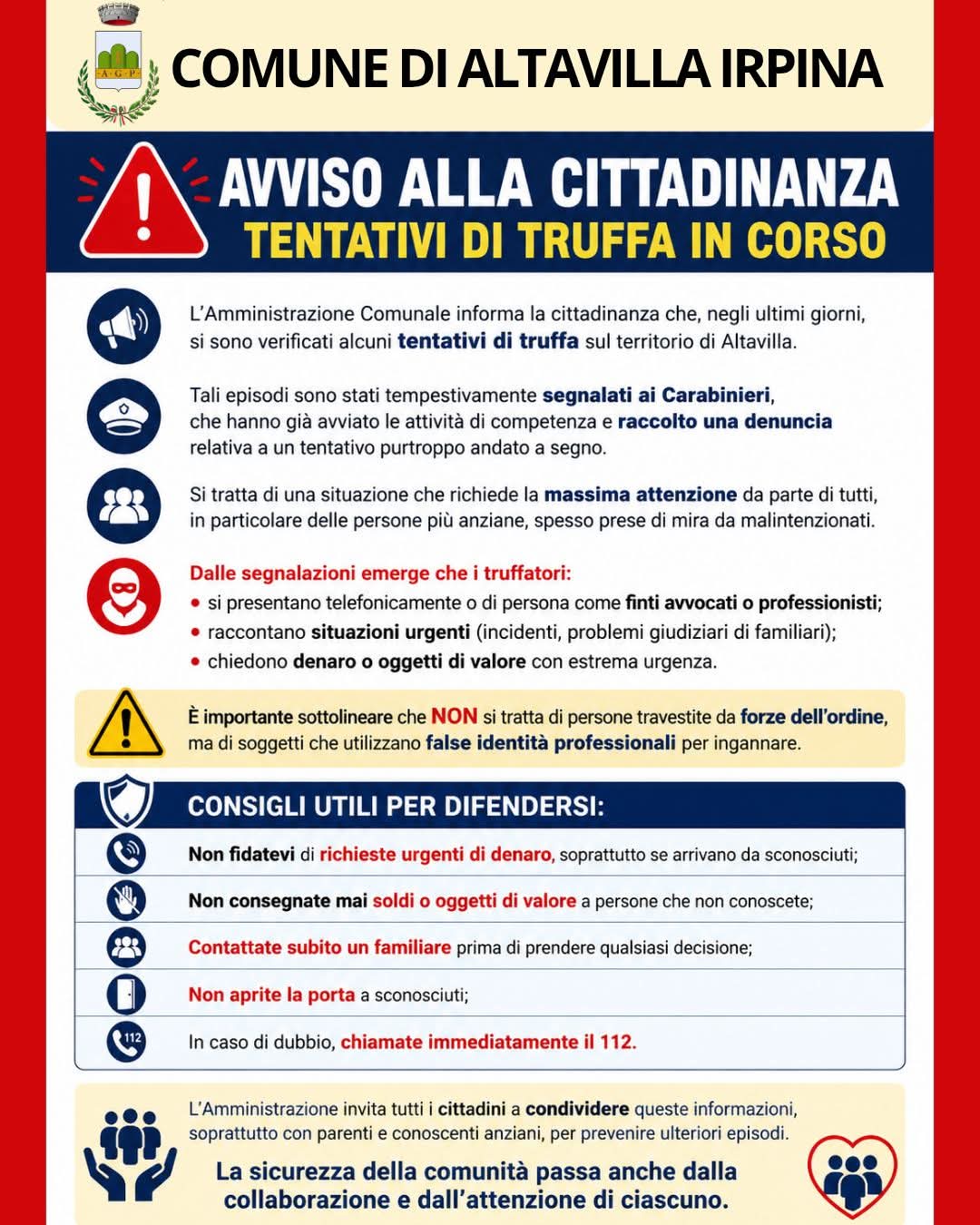 Altavilla Irpina (AV) Tentativi di truffa, il Comune invita alla massima attenzione. Altavilla Irpina (AV) Tentativi di truffa, il Comune invita alla massima attenzione.