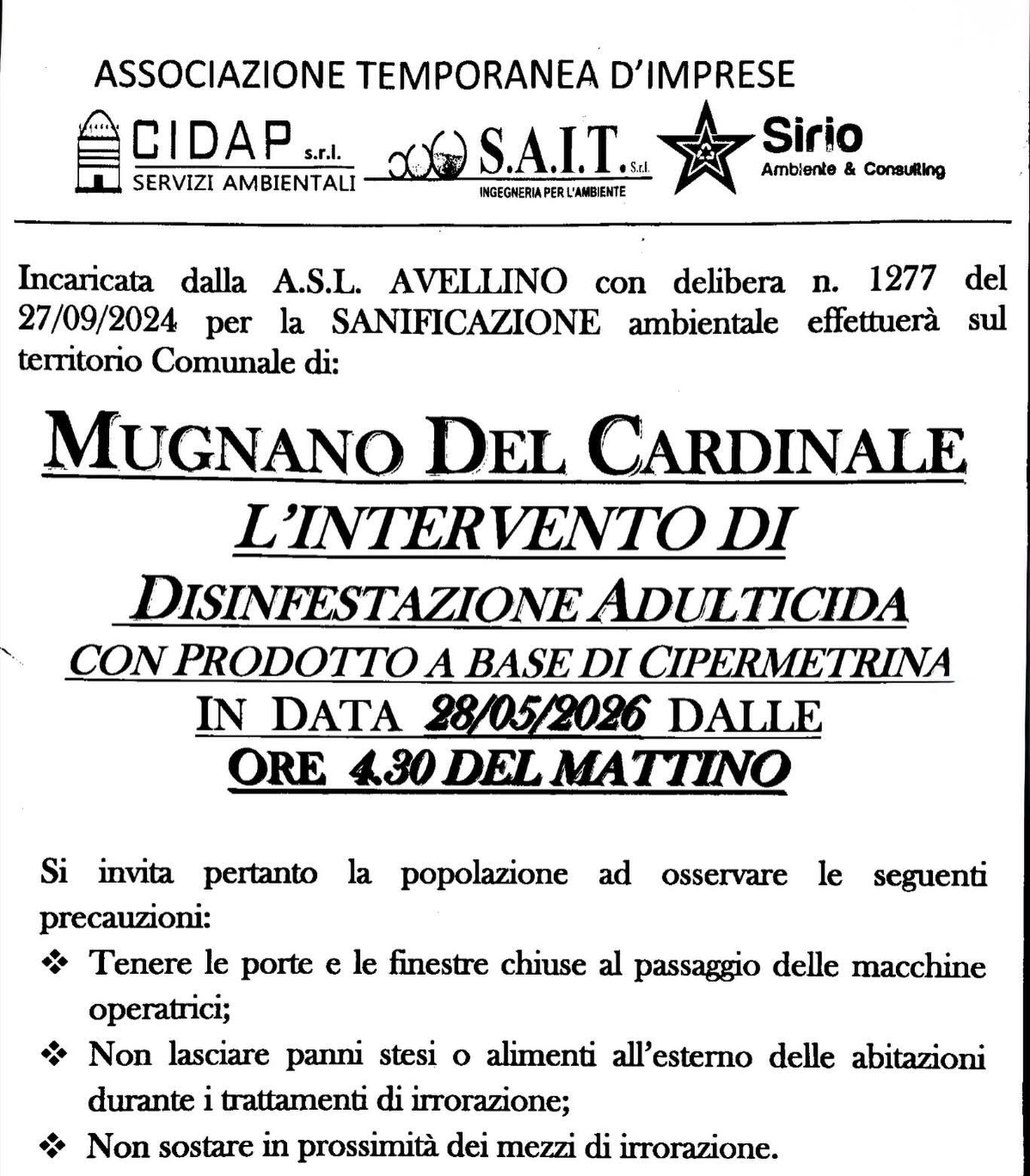 Mugnano del Cardinale, giovedì 28 maggio intervento di disinfestazione sul territorio comunale Mugnano del Cardinale, giovedì 28 maggio intervento di disinfestazione sul territorio comunale