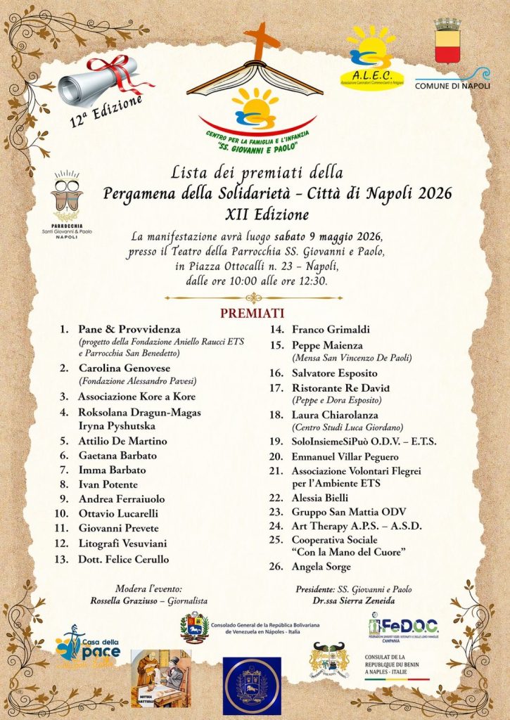 Napoli, conferita la “Pergamena della Solidarietà – Città di Napoli” a Giovanni Prevete