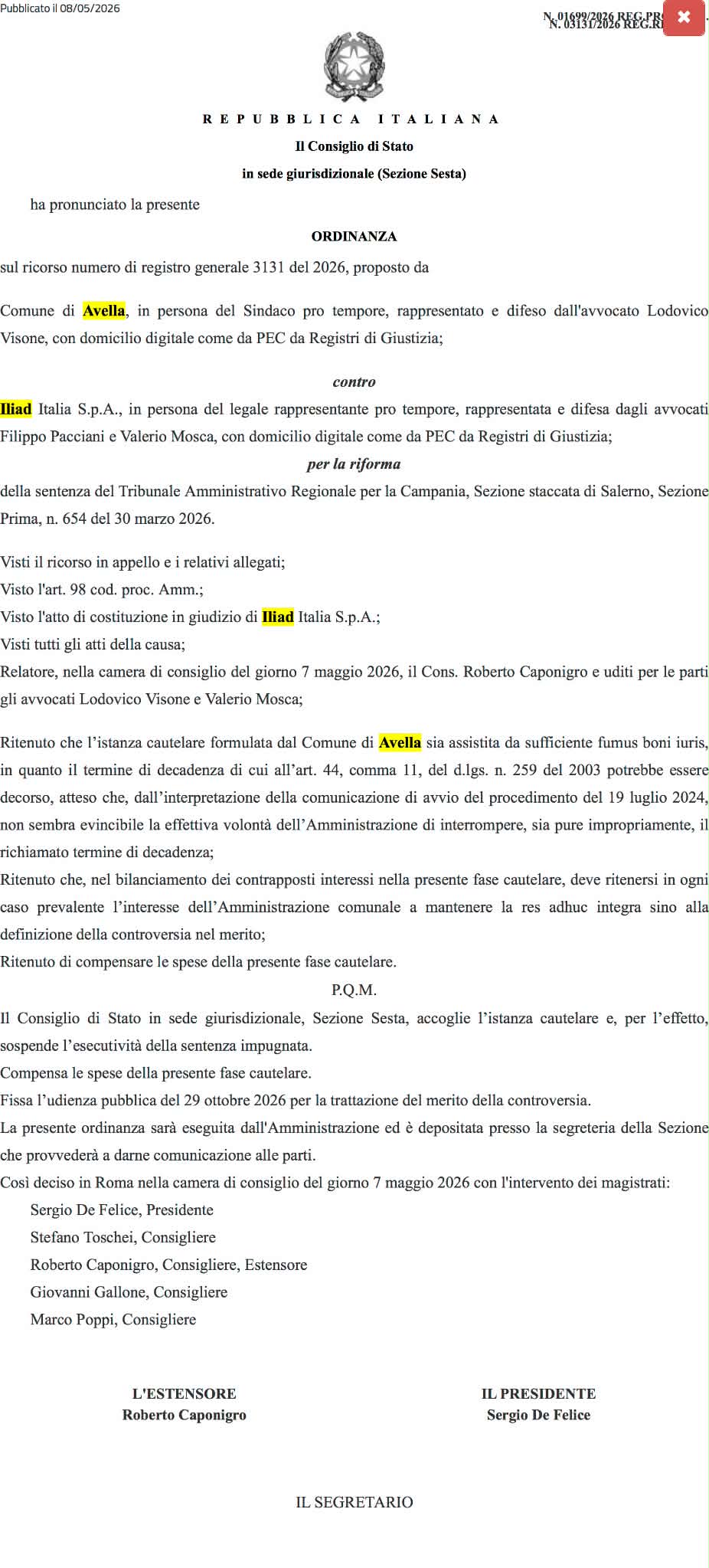 Avella, antenna Iliad: il Consiglio di Stato sospende la sentenza del TAR. Il merito sarà discusso a ottobre. Questione ancora aperta Avella, antenna Iliad: il Consiglio di Stato sospende la sentenza del TAR. Il merito sarà discusso a ottobre. Questione ancora aperta