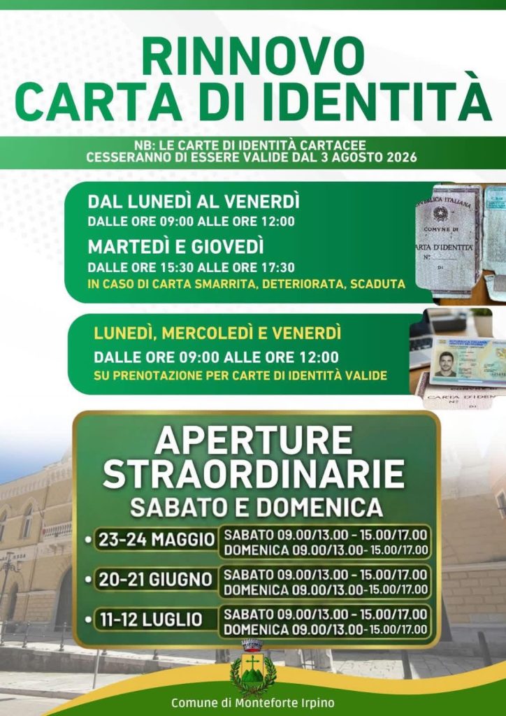 Monteforte Irpino, open day per il rinnovo della carta d’identità: il Comune va incontro ai cittadini