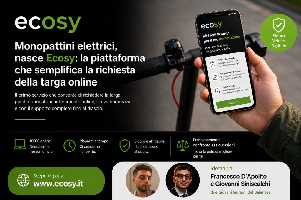Monopattini elettrici, nasce Ecosy: la piattaforma digitale ideata da due giovani laureati del Baianese