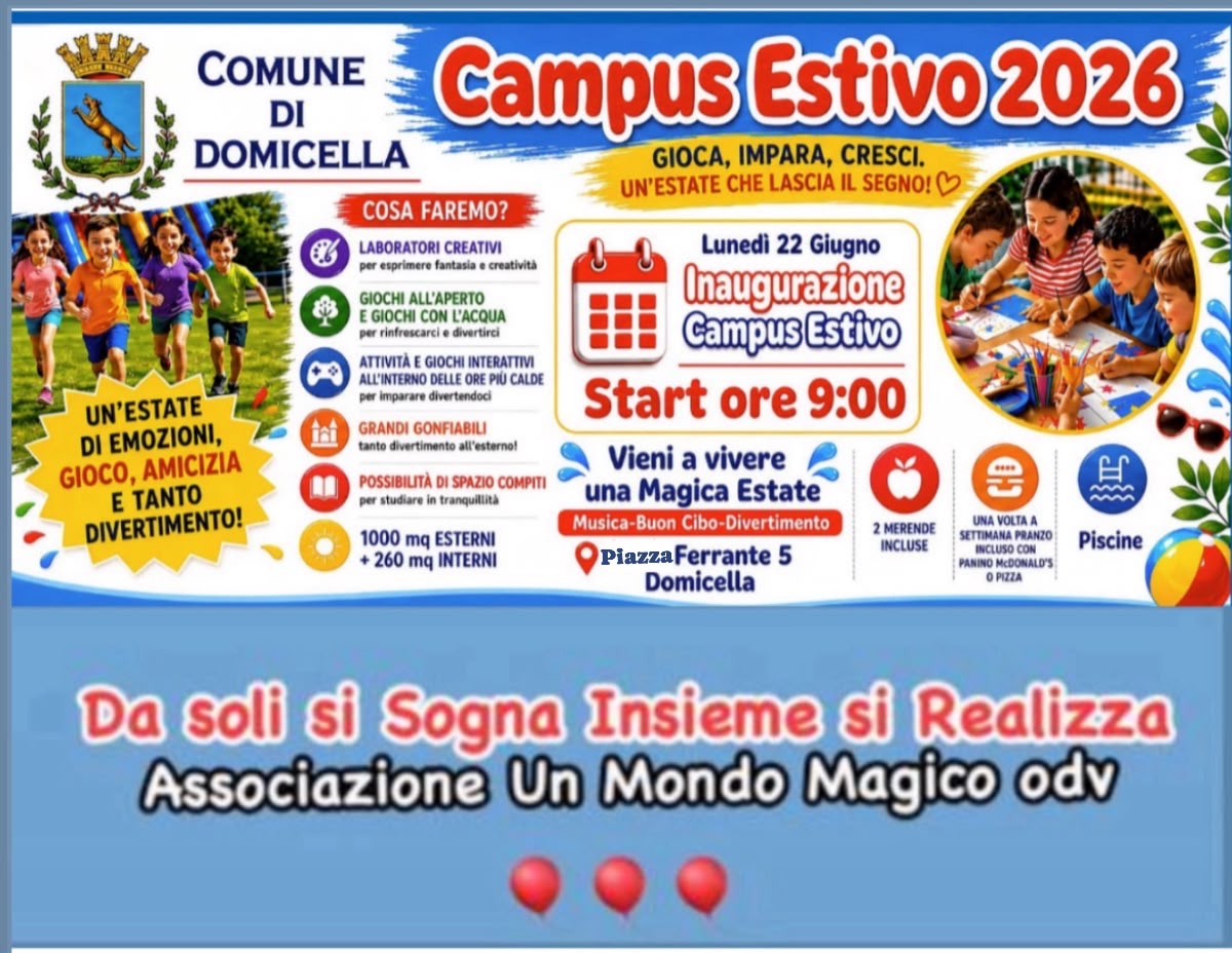 Domicella, al via il Campus Estivo 2026: gioco, crescita e divertimento per i più piccoli Domicella, al via il Campus Estivo 2026: gioco, crescita e divertimento per i più piccoli