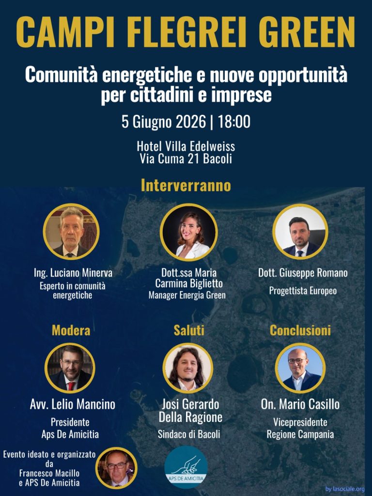 CAMPI FLEGREI GREEN: A BACOLI IL 5 GIUGNO INCONTRO SULLE COMUNITÀ ENERGETICHE RINNOVABILI