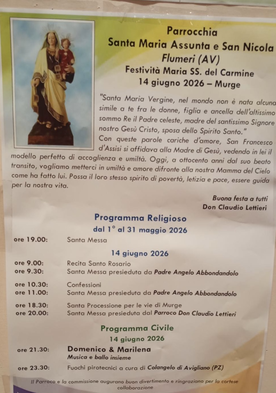 Flumeri, la comunità di Murge celebra Maria SS. del Carmine: fede, tradizione e festa il 14 giugno 2026 Flumeri, la comunità di Murge celebra Maria SS. del Carmine: fede, tradizione e festa il 14 giugno 2026