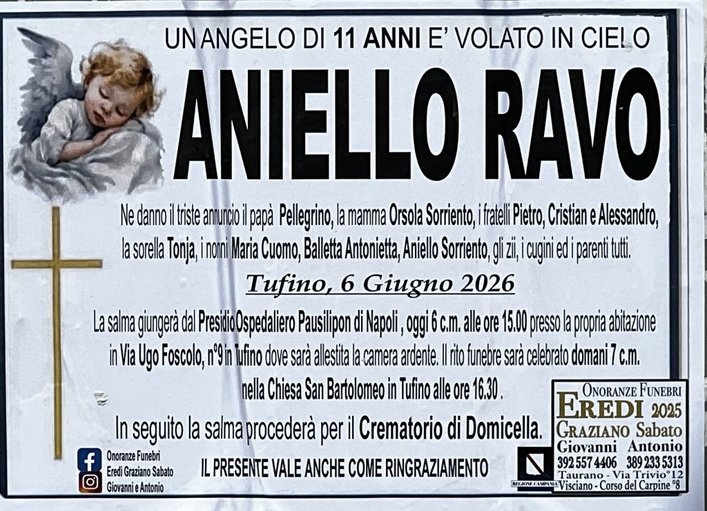 Tufino piange il piccolo Aniello Ravo di 11 anni Tufino piange il piccolo Aniello Ravo di 11 anni