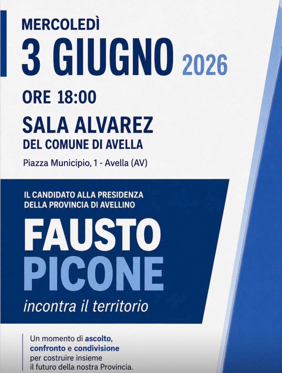 Provincia di Avellino, Fausto Picone incontra il territorio ad Avella: il 6 giugno la sfida con Rizieri Buonopane Provincia di Avellino, Fausto Picone incontra il territorio ad Avella: il 6 giugno la sfida con Rizieri Buonopane