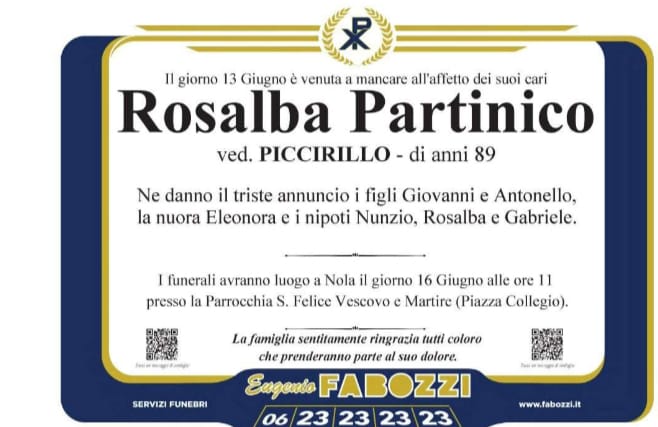 AVELLA NOLA. Lutto per la scomparsa di Rosalba Partinico vedova Piccirillo: l’ultimo saluto martedì nella Chiesa di San Felice AVELLA NOLA. Lutto per la scomparsa di Rosalba Partinico vedova Piccirillo: l’ultimo saluto martedì nella Chiesa di San Felice