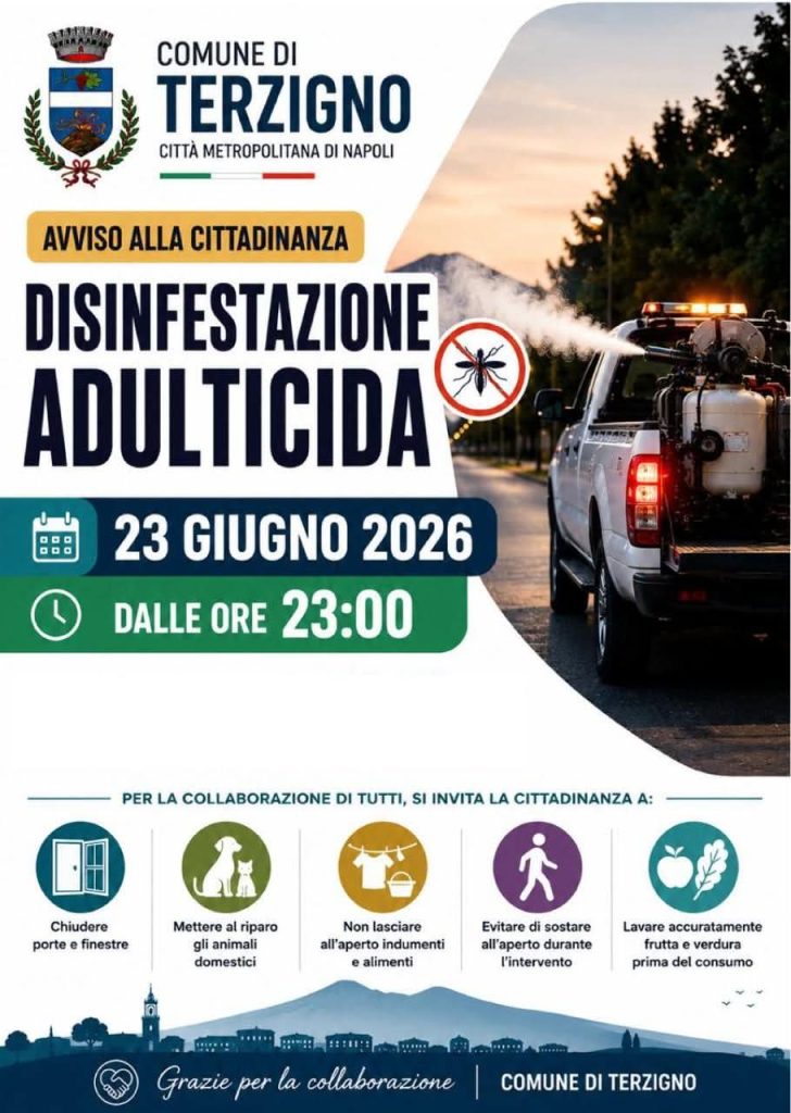 Terzigno, disinfestazione straordinaria su tutto il territorio comunale: intervento nella notte del 23 giugno Terzigno, disinfestazione straordinaria su tutto il territorio comunale: intervento nella notte del 23 giugno