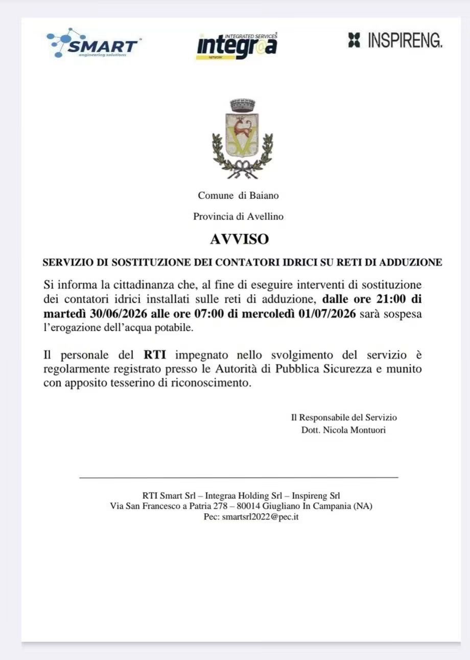Baiano, sospensione dell’erogazione idrica per la sostituzione dei contatori: ecco quando mancherà l’acqua