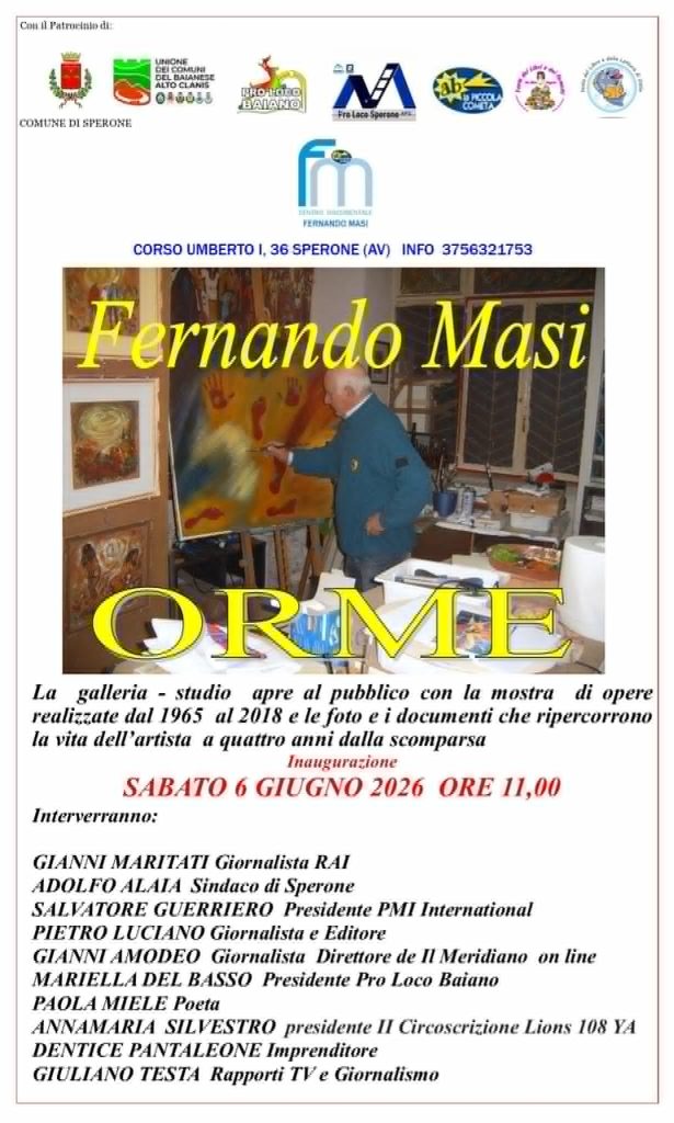 “ORME” 60 anni dell’arte di Fernando Masi. Sarà il giornalista RAI Gianni Maritati a dare lo start up della riapertura al pubblico l’Atelier dell’artista con una significativa mostra di pittura, corredata di una cospicua documentazione fotografica e giornalistica a lui dedicata.