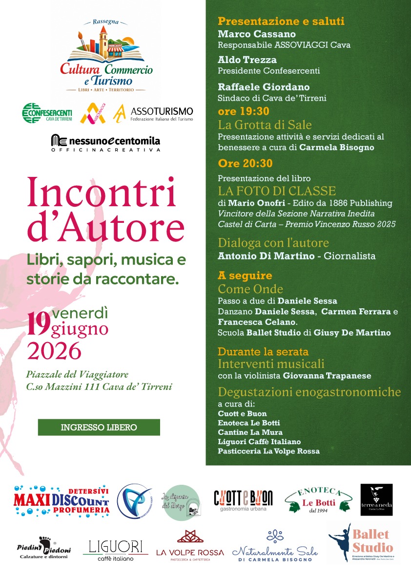 A CAVA DE TIRRENI UN NUOVO APPUNTAMENTO CON CULTURA, COMMERCIO E TURISMO – INCONTRI DAUTORE Domani 19 giugno libri, musica, danza e degustazioni nel cuore della città. A CAVA DE TIRRENI UN NUOVO APPUNTAMENTO CON CULTURA, COMMERCIO E TURISMO – INCONTRI DAUTORE Domani 19 giugno libri, musica, danza e degustazioni nel cuore della città.