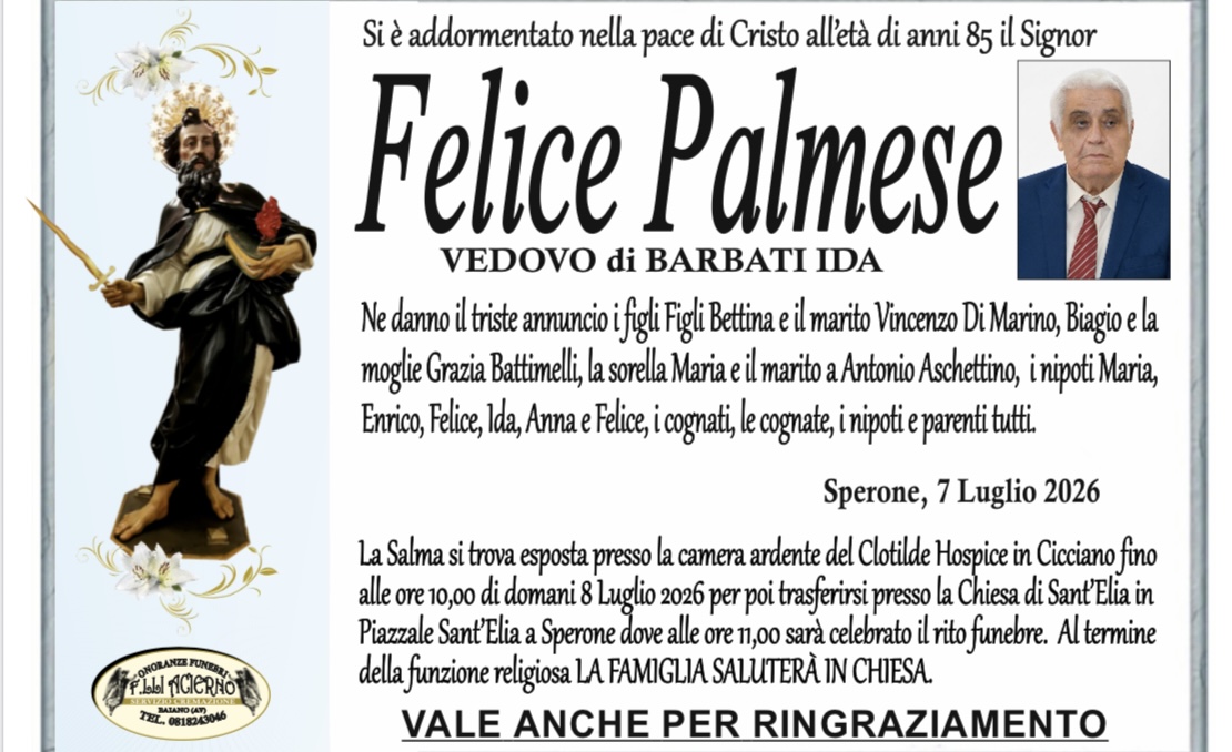 Sperone in lutto: addio a Felice Palmese, aveva 85 anni Sperone in lutto: addio a Felice Palmese, aveva 85 anni