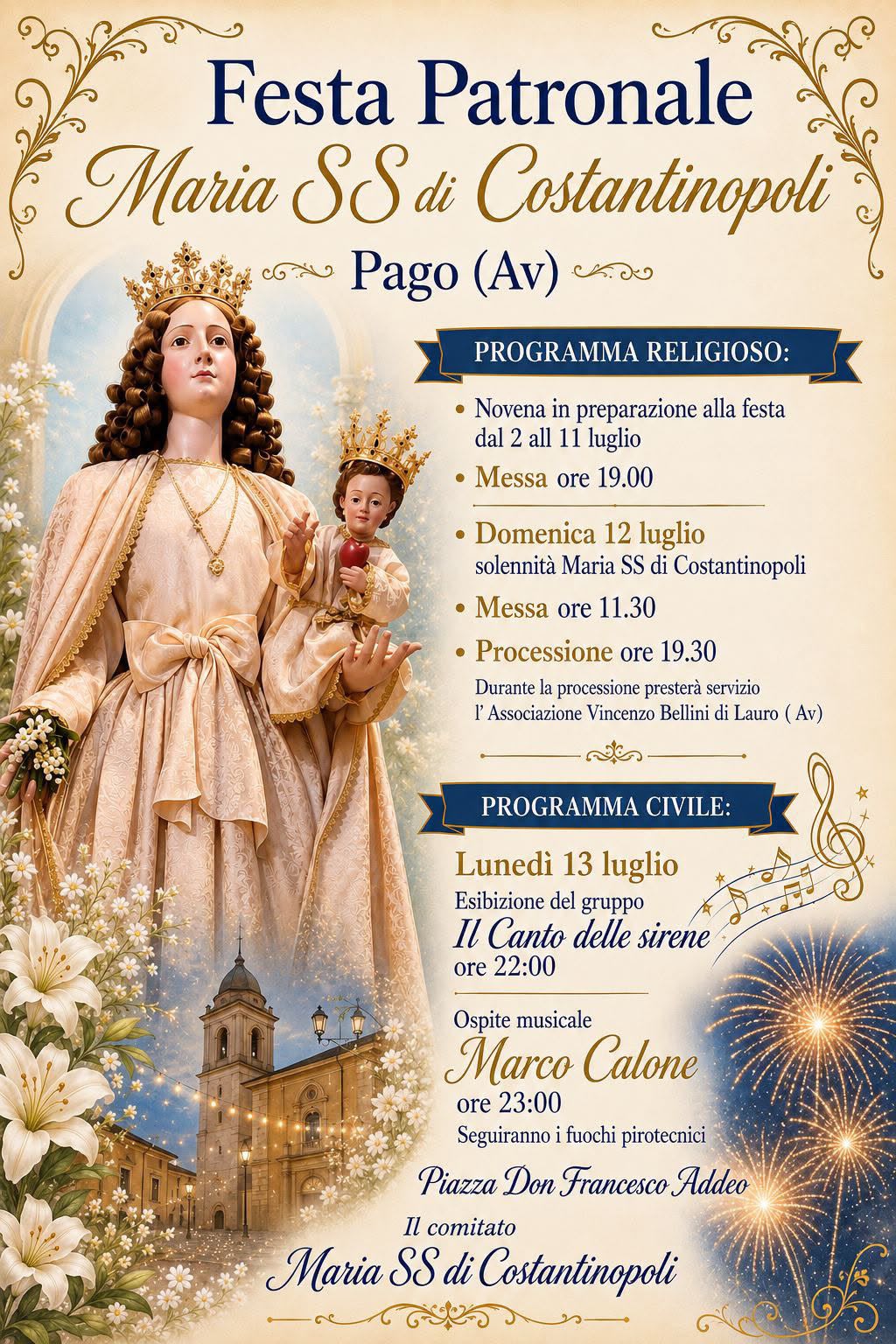 Pago del Vallo di Lauro in festa per Maria SS. di Costantinopoli: domenica 12 luglio il concerto di Felice Ferrante in Piazza Addeo