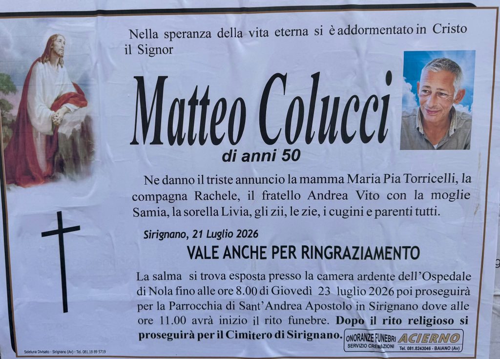 Sirignano in lutto per la scomparsa di Matteo Colucci: aveva 50 anni Sirignano in lutto per la scomparsa di Matteo Colucci: aveva 50 anni